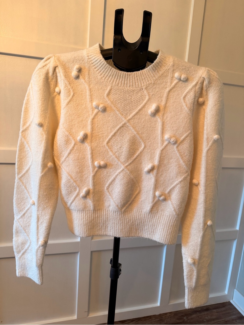 Elodie Ivory Pom Pom Cable Knit Puff Sleeve Sweater S